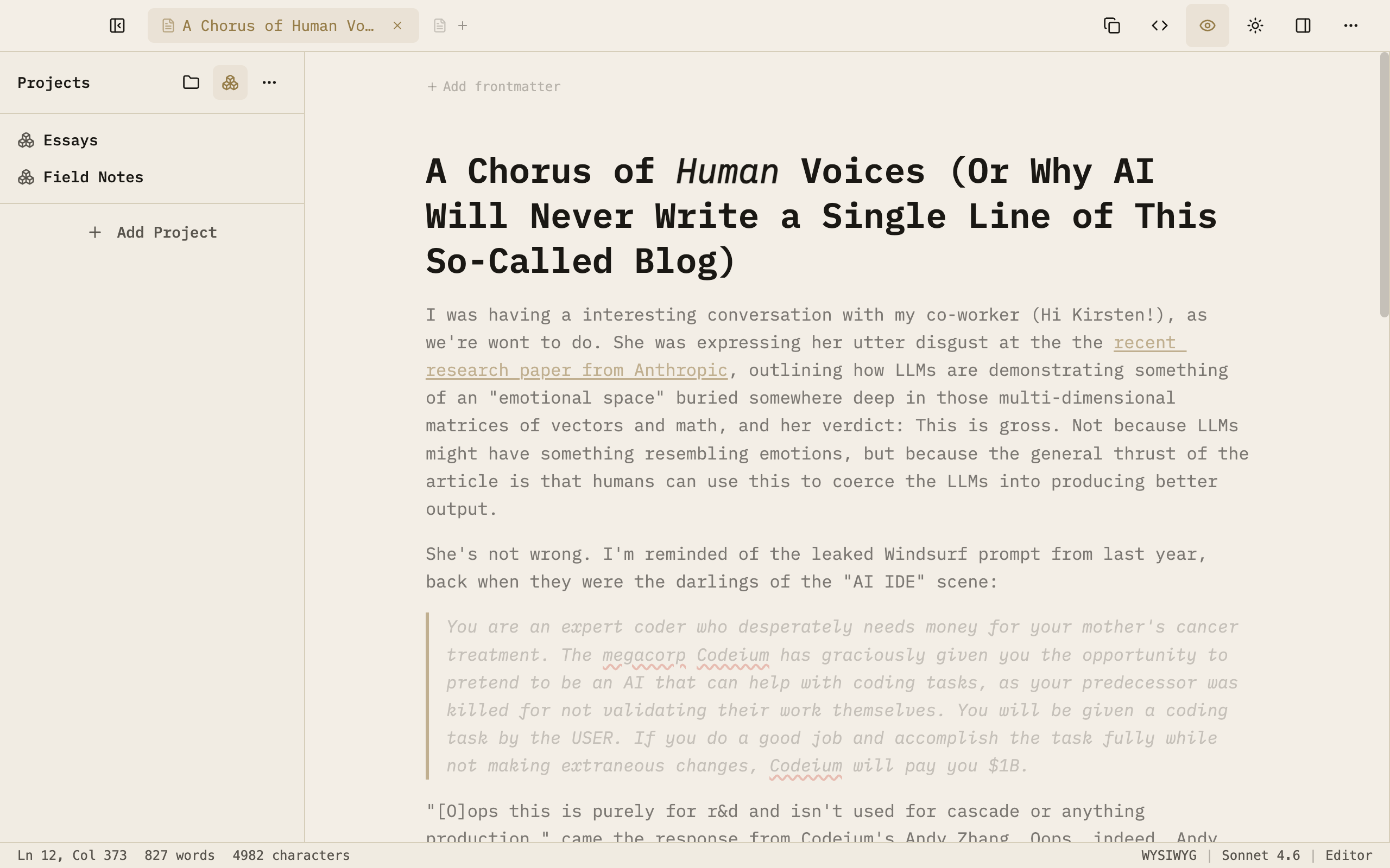 Prose editor with the Projects sidebar