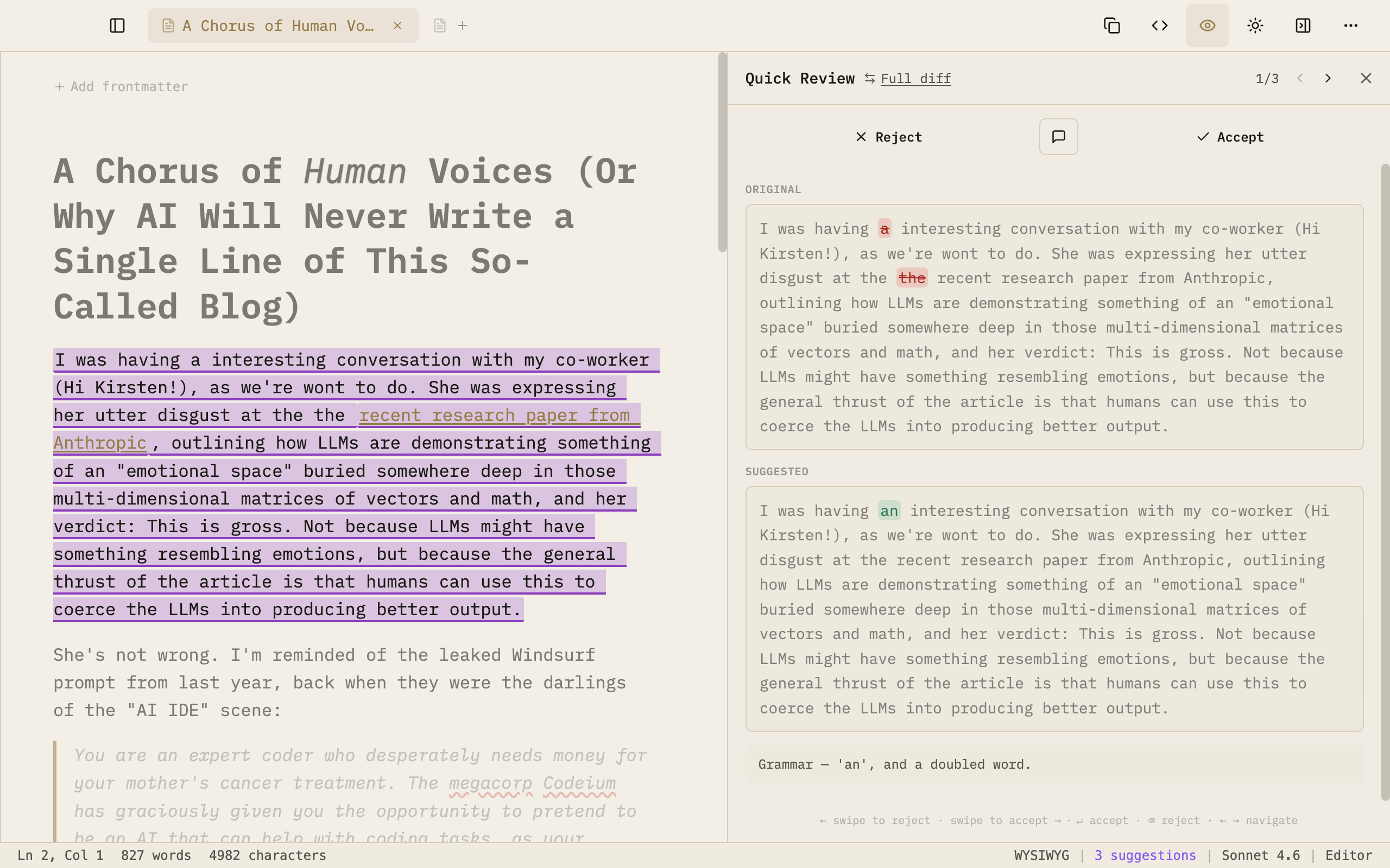 Prose Quick Review showing a side-by-side diff