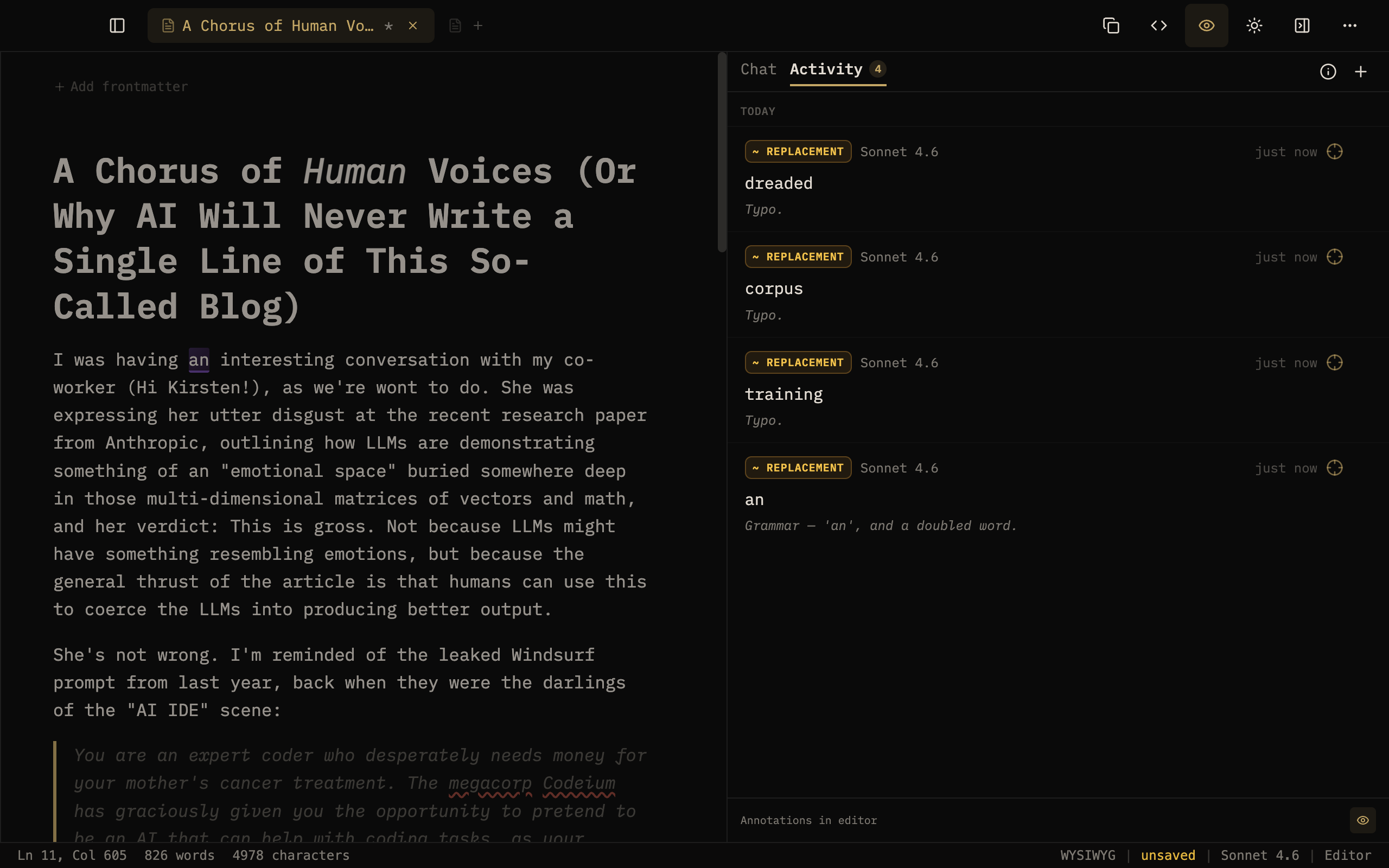 Prose Activity panel listing recorded AI replacements