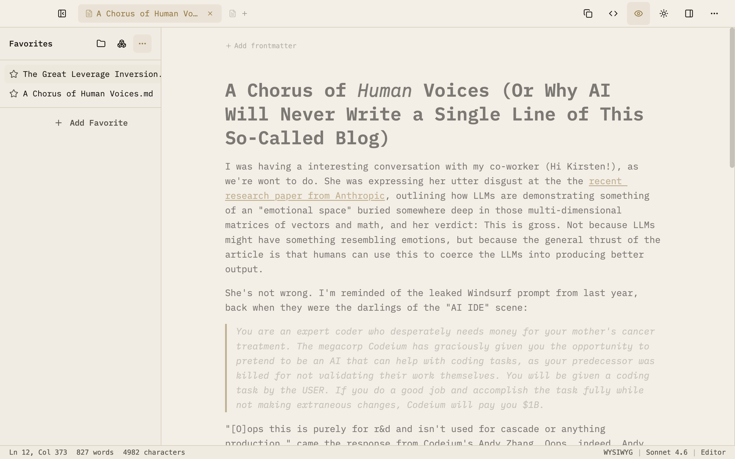 Prose editor with the Favorites sidebar
